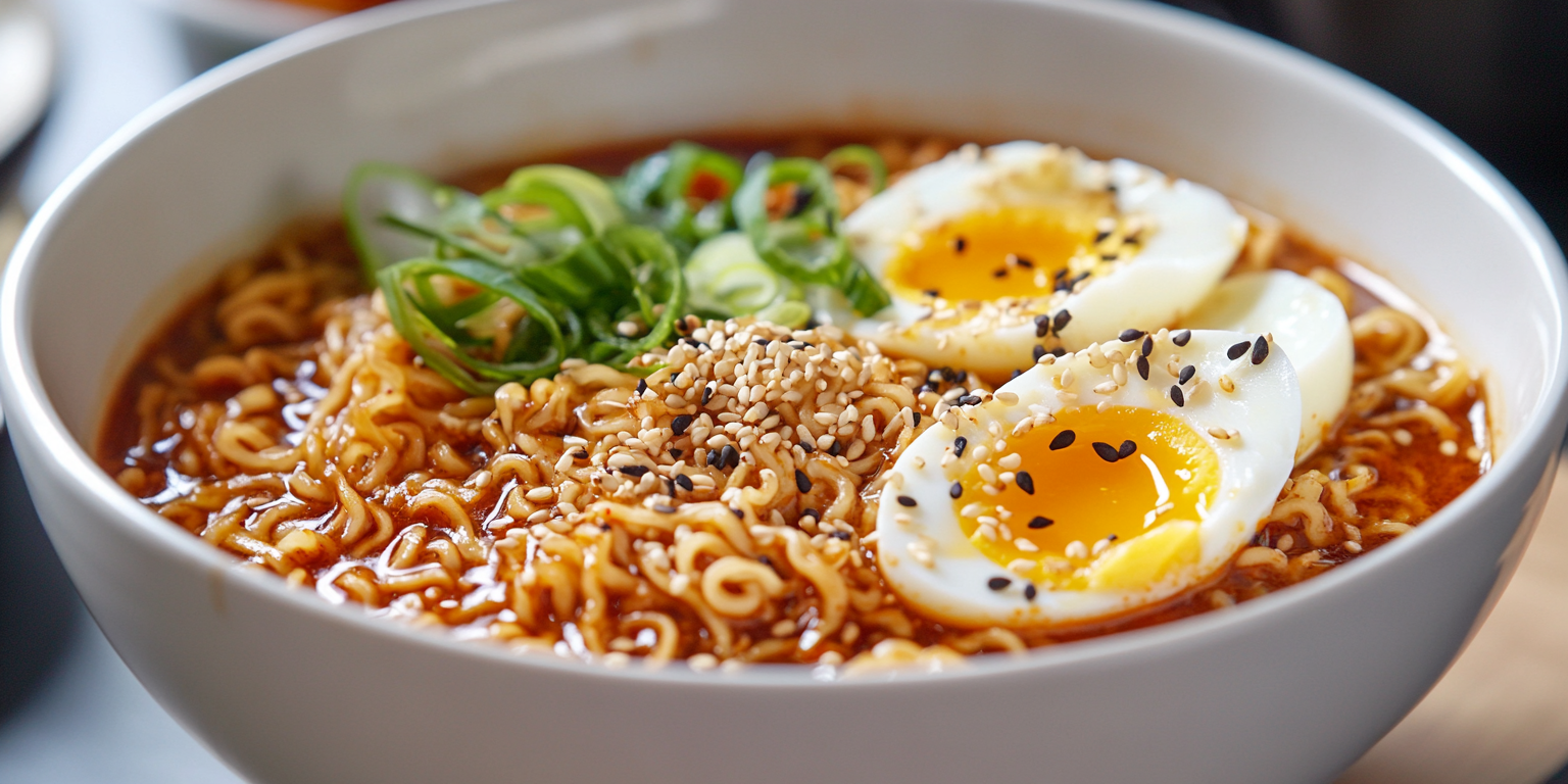 Bibim ramen in a white bowl, garnished with sesame seeds and sliced egg.