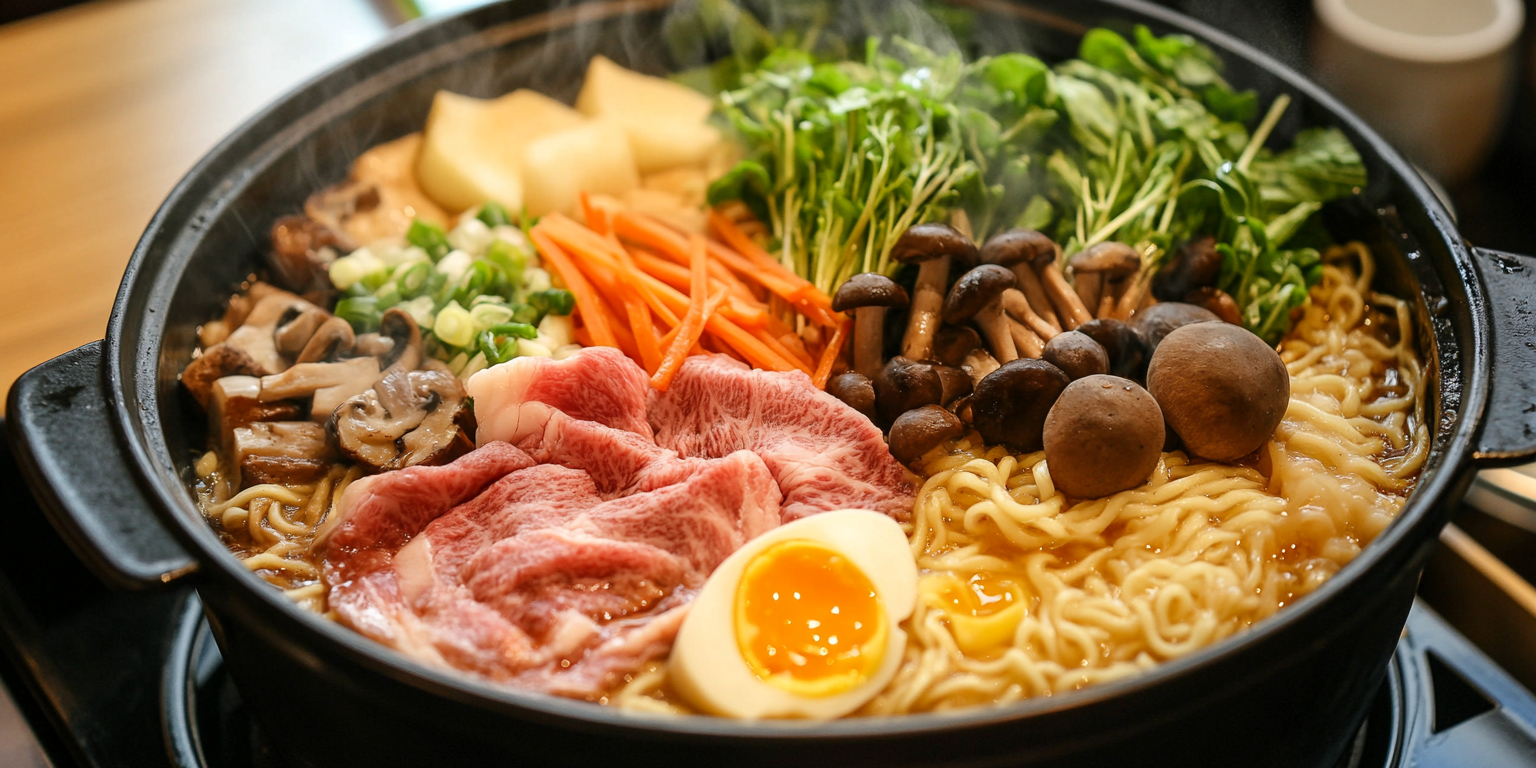 Large hot pot of ramen with beef, mushrooms, and vegetables.