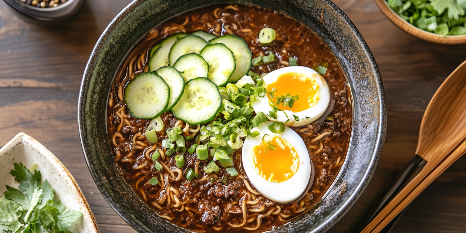 Black bean ramen in a bowl topped with sliced cucumber and a half-boiled egg.