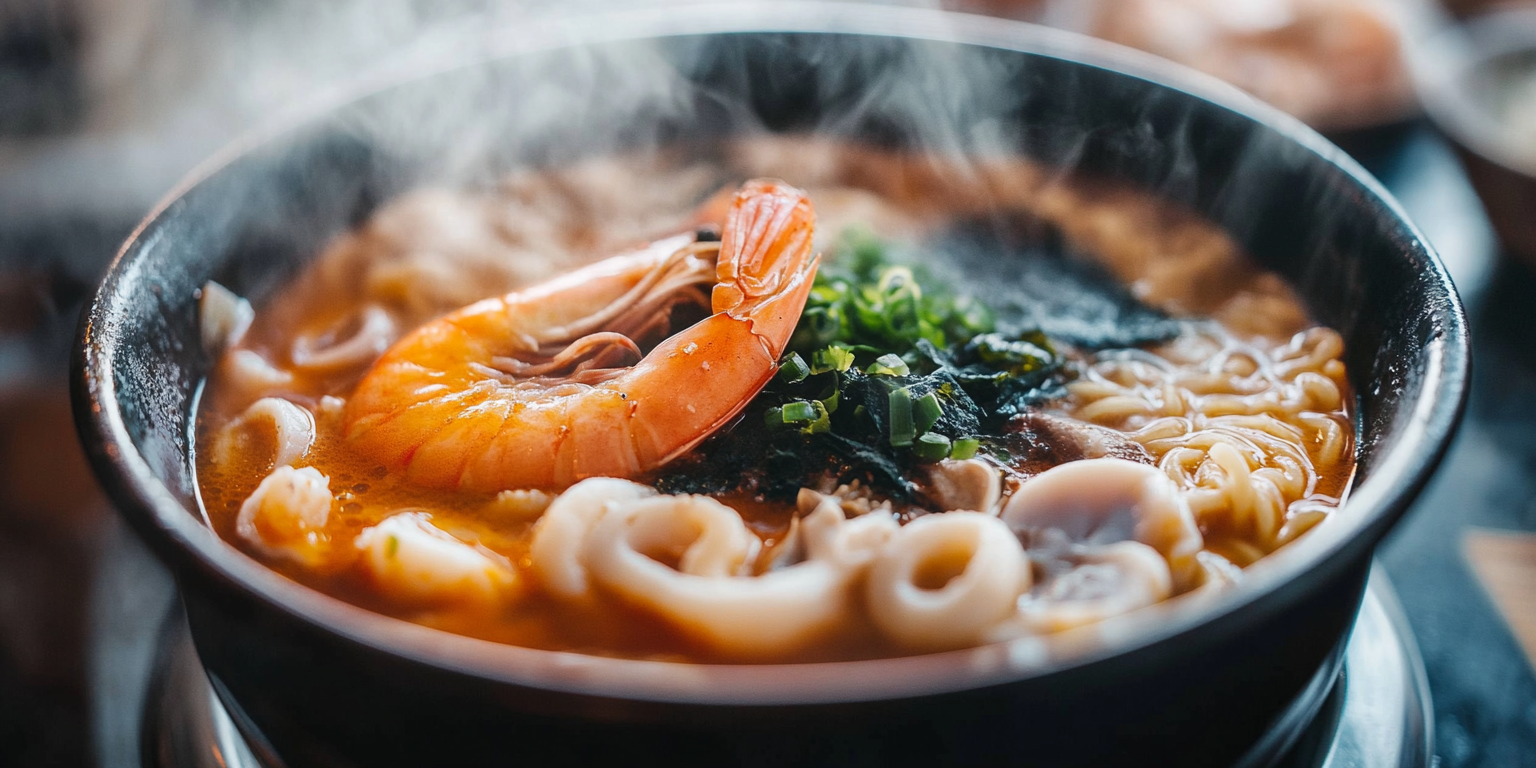 Seafood ramen with visible shrimp, squid, and seaweed in a steaming red broth.