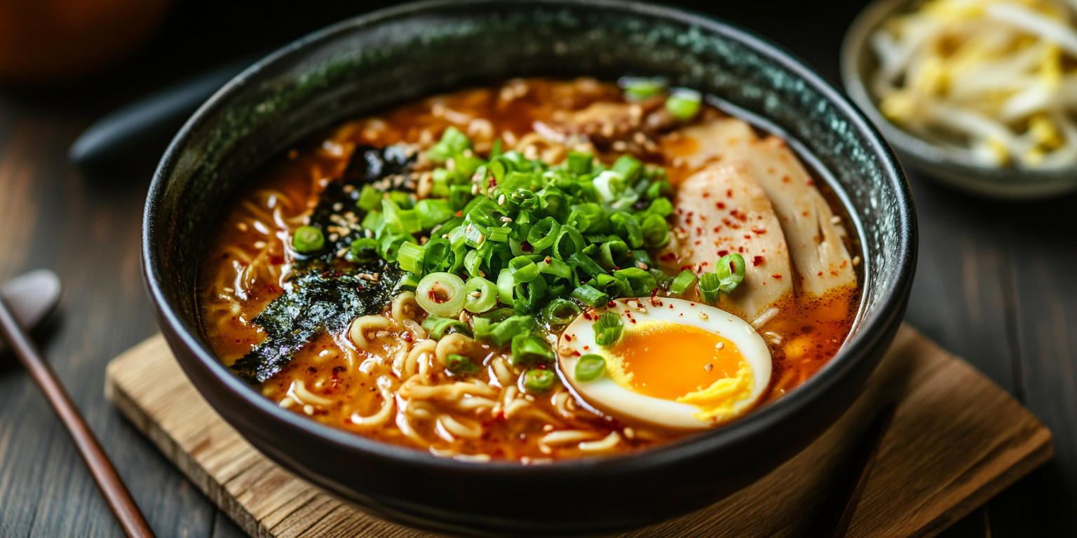 Hot soup ramen with green onions, egg, and red chili broth.