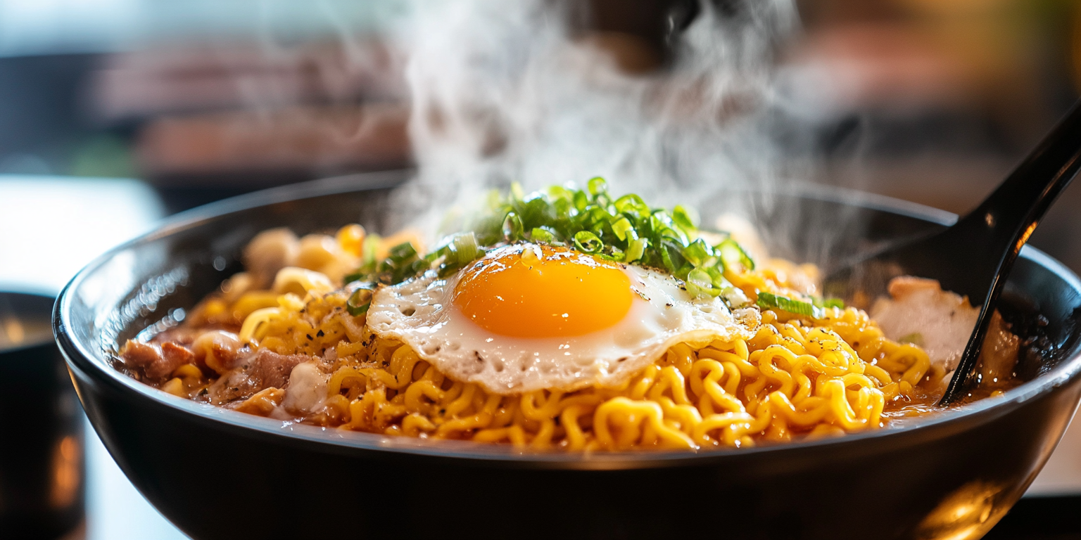 Spicy ramen with melted cheese, egg, and steam rising from the bowl.