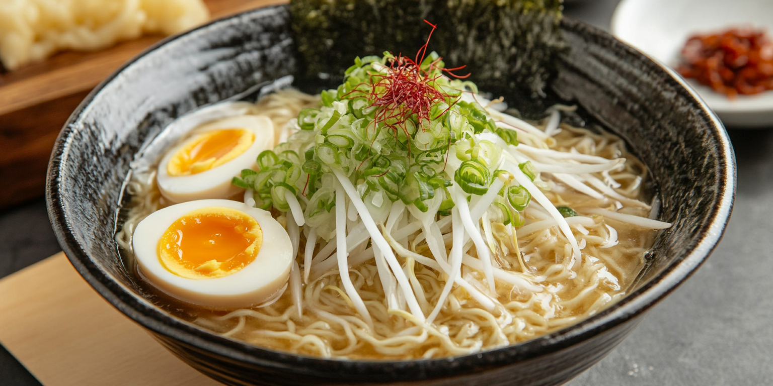 White broth ramen with bean sprouts and soft-boiled egg.